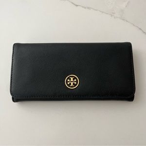 Tory Burch Robinson Continental Envelope Saffiano Black Leather Wallet
